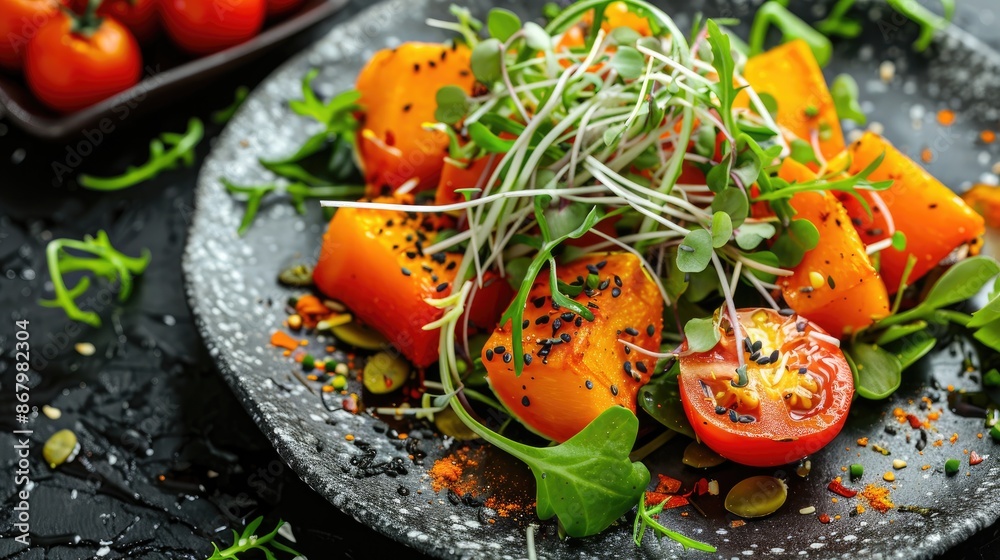 Sticker vegetarian salad with tomatoes pumpkin and pea sprouts on black background