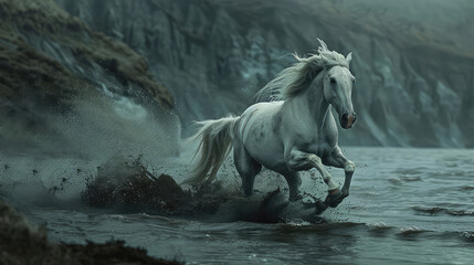 Frozen in a moment, a white horse gallops gracefully, its mane dancing in the wind, capturing the timeless beauty and free-spirited grace of this magnificent creature.