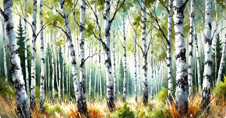 Obraz premium Beautiful watercolor painting of a birch tree forest with vibrant colors, showcasing nature's serenity and tranquility during autumn.