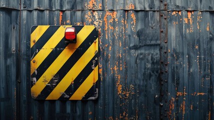 Diagonal stripes warning sign on board fence with caution light and scaffold sheet urban setting with space for text