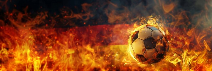 Fototapeta premium Flaming soccer ball on dark background with German flag. Epic goal, winner. World championship cup. Euro 2024. Sport bet, football match betting. Banner, poster or card with copy space