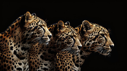 Graceful and stealthy, a trio of big cats--cheetah, leopard, and jaguar--captivates against a profound black canvas, their spots and stripes weaving an exquisite tapestry of wild elegance.