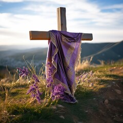 Holy cross wrapped with purple shawl. Christianity concept