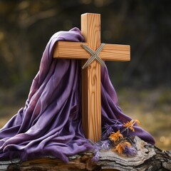 Holy cross wrapped with purple shawl. Christianity concept