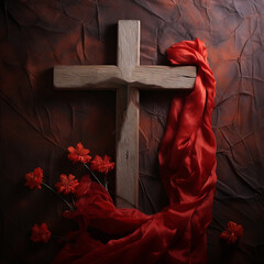 Holy cross wrapped with red shawl. Christianity concept