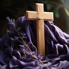 Holy cross with purple shawl background. Christianity concept