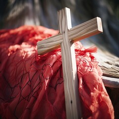 Holy cross with red shawl background. Christianity concept