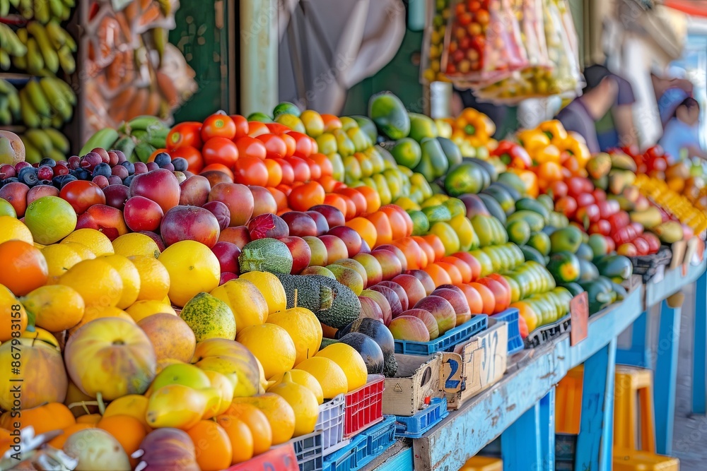 Poster a vibrant display of fresh fruit and vegetables arranged in rows at an outdoor market. generative ai