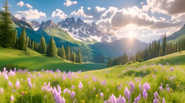 A mountain meadow in full bloom, with vibrant wildflowers of every color, butterflies fluttering, and a crystal-clear stream winding through