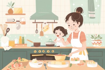 A happy mother and child cook together in a cheerful kitchen, perfect for families and those looking for fun activities to do with their kids. Generative AI