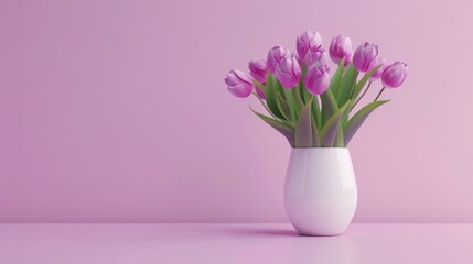Fototapeta premium Purple Tulips in a White Vase on a Pink Background