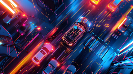 Fototapeta premium Futuristic self driving car in vibrant cityscape with digital elements