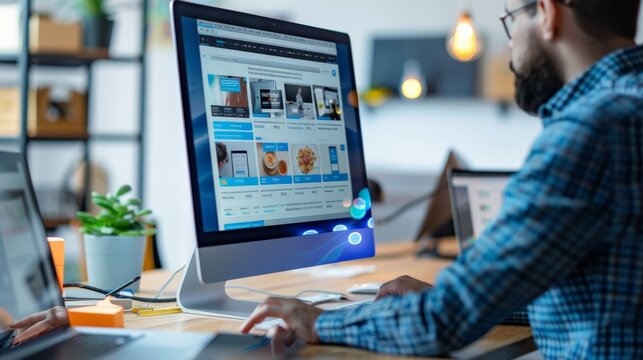 E-commerce website design being crafted on a computer monitor in a tech office