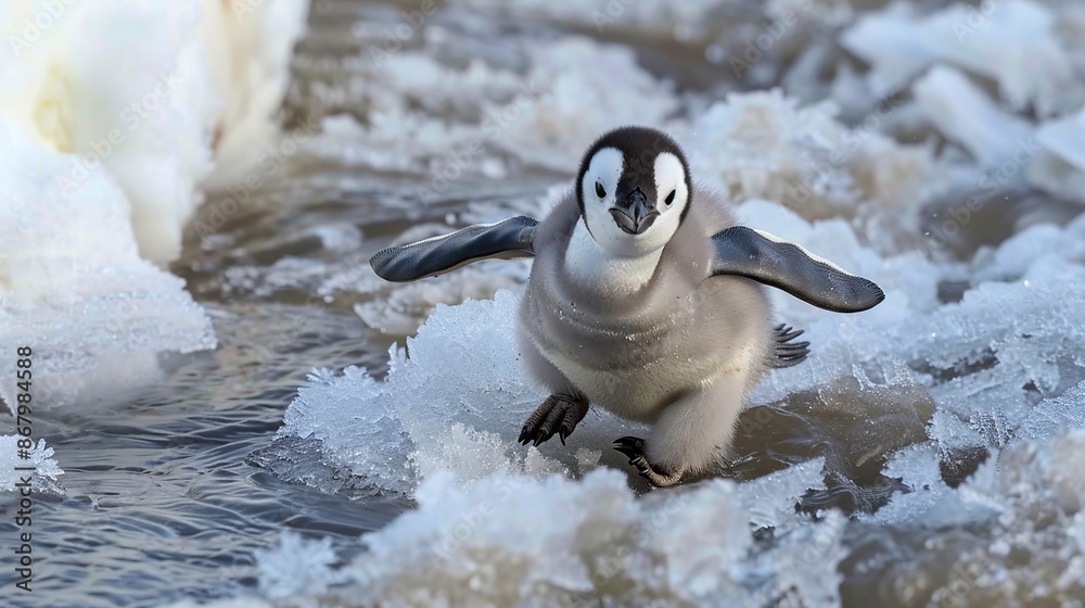 Poster curious penguin chick waddles through icy waters