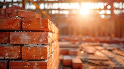 Red bricks in construction site with soft focus background and over light