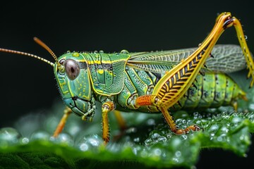 Fototapeta premium Vibrant Green Grasshopper on Dew-Covered Leaf