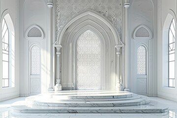 Fototapeta premium Grand white marble palace interior with ornate archway and detailed Islamic design elements. Ideal for spiritual, architectural, or fantasy concepts.