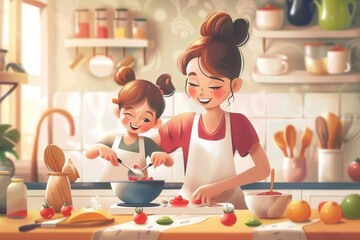 A smiling mother and daughter, both wearing aprons, prepare a meal together in a bright and inviting kitchen. Generative AI