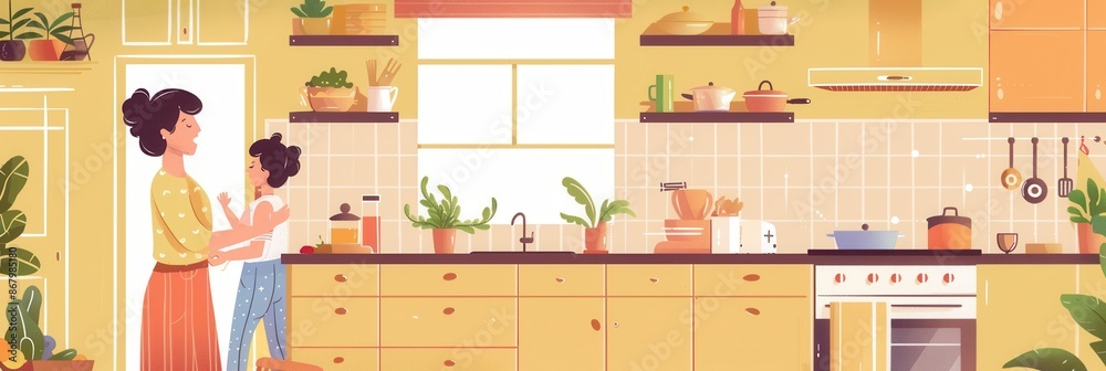 Poster a mother and her child are enjoying a day in the kitchen, creating a fun and engaging atmosphere. ge