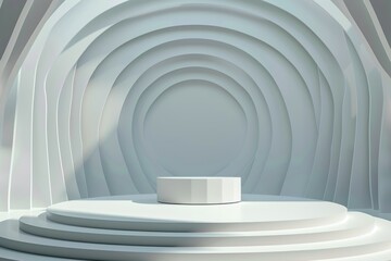 Obraz premium Minimalistic white cylinder podium on a stage with a curved backdrop for product placement or display. Concept of exhibitions, presentations, and minimalist design