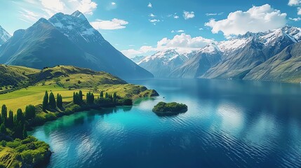 Scenic Landscape of New Zealand with Snow-Capped Mountains and Clear Blue Lake