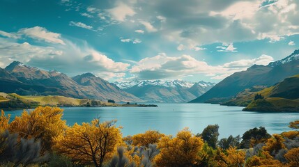 Scenic Landscape of New Zealand with Snow-Capped Mountains and Clear Blue Lake