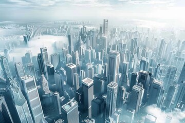 Obraz premium An aerial view of a dense, modern city with numerous skyscrapers and a layer of fog obscuring some buildings. Generative AI