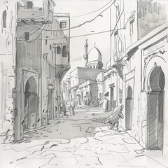 Hand-Drawn Sketch of a Narrow Alleyway in a Middle Eastern City