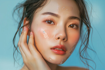 Beautiful Korean Woman Model Applying Clear Skincare Serum to Face for Glowing Skin and Youthful Appearance