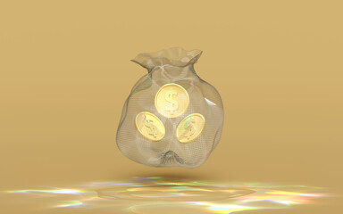 gold coins in a net bag isolated on yellow background. loan approval, business banking, investment concept, 3d render illustration
