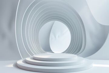 Obraz premium Minimalistic white podium stage for product presentation with abstract spiral or swirl background. Concept of showcase, exhibition, design, and geometry