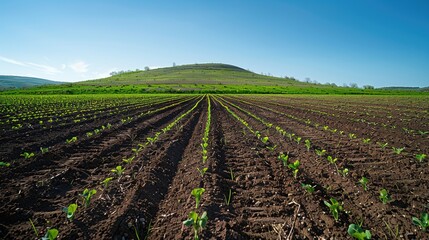 Fototapeta premium Peaceful farmland - a tranquil field with rows of freshly ploughed earth, ready for planting next season's crop, reflecting careful preparation and the hope of a bountiful harvest.