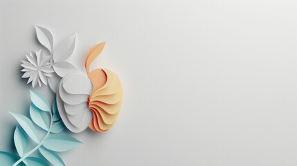 Colorful paper flowers and leaves on a white background with copy space for your text