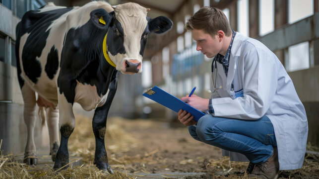 Doctor take notes in the style of medical professionals examining cows