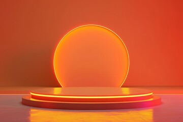 Neon orange podium stage for product placement with a circular light. Minimalistic geometric background for product display. 3D Render.