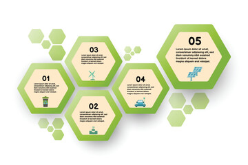 Infographic renewable energy template for energy consumption sustainable information presentation. Vector hexagon and geometric elements. green modern workflow diagrams. Report plan 5 topics
