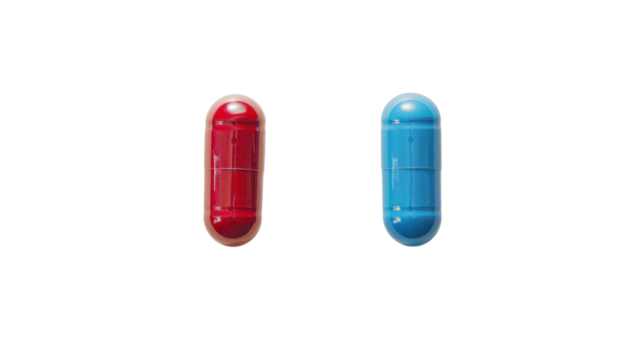 Blue pill and red pill supplement on transparent background