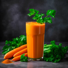 carrot smoothie, juice in a tall glass, with a sprig of parsley