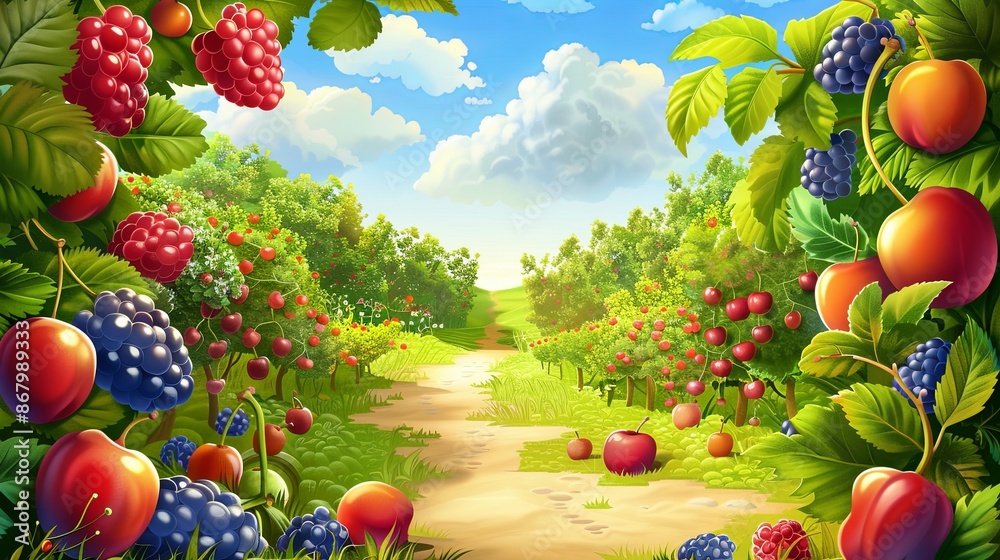 Poster fruit orchard illustration with ripe berries, cherries, and apples. dirt path through trees under bl