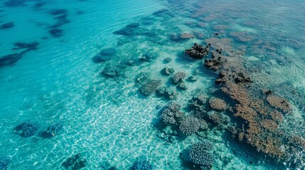 Obraz premium Drone view of a coral reef in crystal clear waters near a tropical island