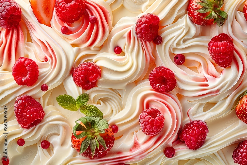 Poster a close up view of a white dessert with whipped cream swirls topped with fresh raspberries and straw