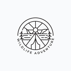 Minimalist line art outdoor camping logo vector illustration design. Simple adventure logo badge concept.