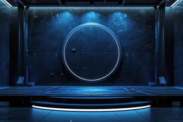 Obraz premium Futuristic Sci-Fi Stage with Blue Neon Circle, Empty Platform, and Glowing Lights, Ideal for Product Placement and Presentations