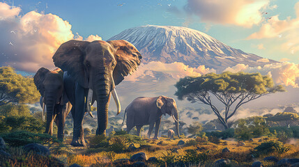 Majestic elephants stand proudly in front of the iconic Kilimanjaro, creating a powerful and awe-inspiring scene.
