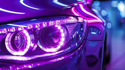 Macro view of car headlight of modern purple car