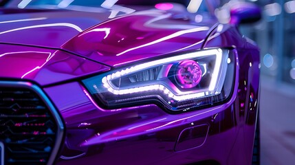 Macro view of car headlight of modern purple car