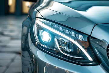 Naklejka premium Macro view of car headlight of modern white car