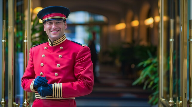 Cheerful doorman in red uniform at hotel entrance