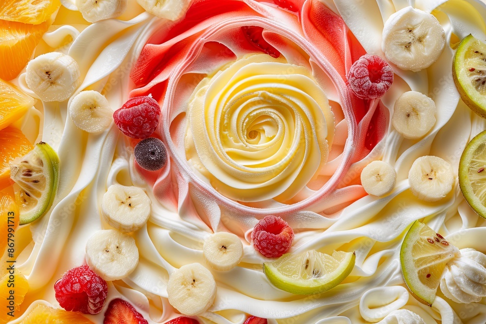 Poster close-up of a creamy dessert topped with banana slices, lemon wedges, raspberries, and red icing swi
