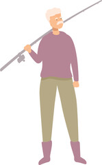 Elderly man is holding a fishing rod, enjoying his favorite retirement hobby